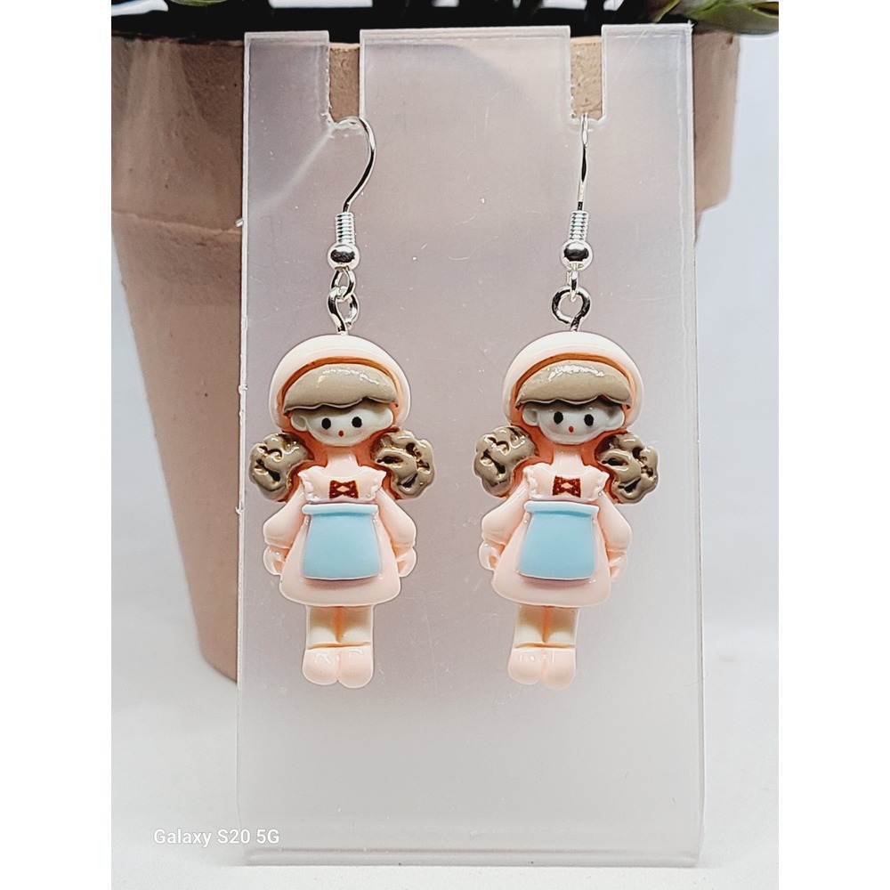 Vintage Style Resin Doll Drop Earrings Pink Blue Apron Girl Novelty Whimsical